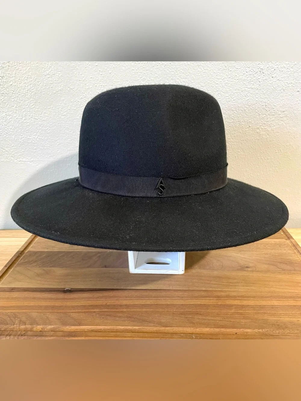 Wool Fedora Wide Brim Hat Logo Trim Black 22 1/4 Inches Classic All Saints Warm